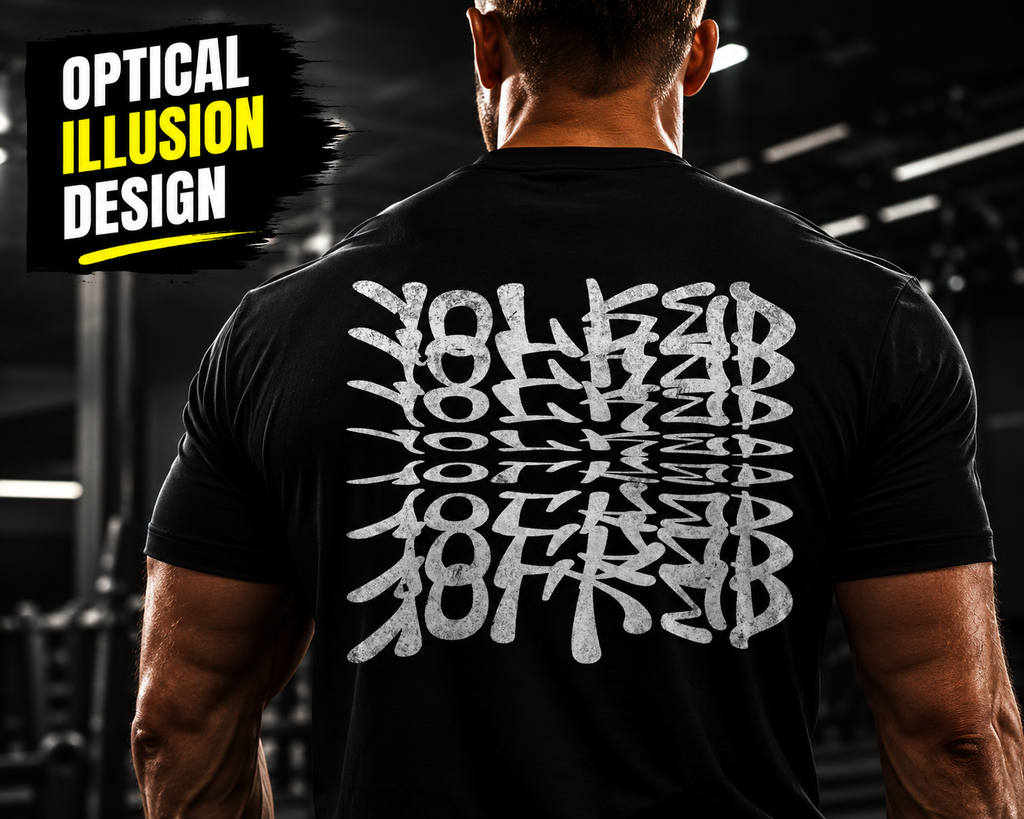 Yolked Apparel Shirt – Optical Illusion Typography Tee, Graphic T-Shirt, Repeating Text Unisex Streetwear